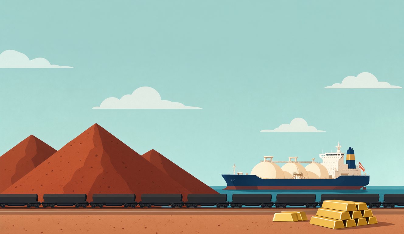 Illustration of an Australian export port with red iron ore stockpiles, a coal train, an LNG tanker and a stack of gold bars