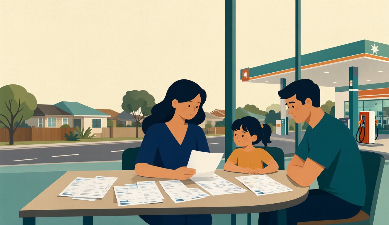 Illustration of an Australian family at a kitchen table reviewing bills, with a petrol station visible through the window at dusk