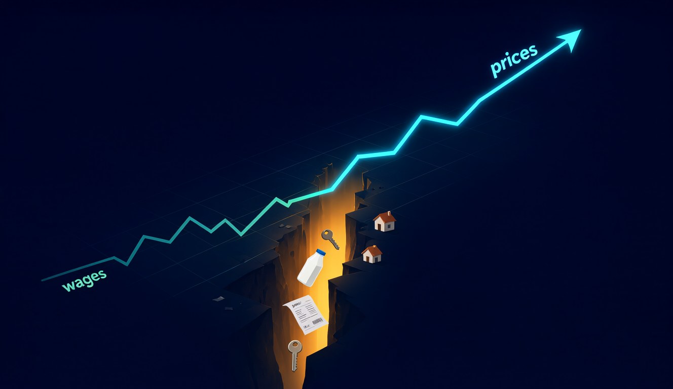 Chart-style illustration showing Australian consumer prices rising 26.8% while hourly wage rates rise 20.8%, the real-wage gap widening since 2019