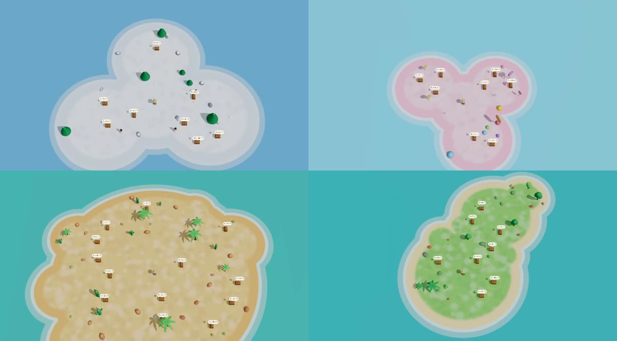 Four island maps seen from above:a snowy three-lobed island, a pink candy island, a large desert island and a long jungle island