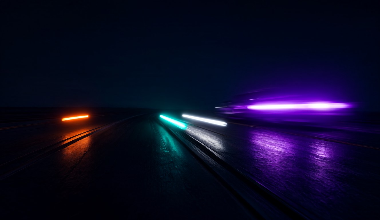 Four streaks of light racing on a dark track, each Claude model leading in a different way
