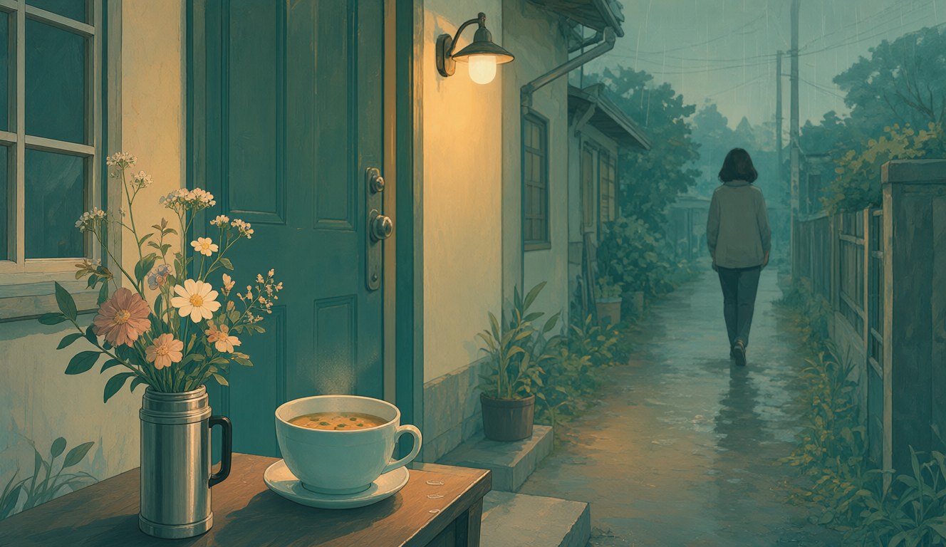 Flowers and a cup of soup left quietly by a door at dusk, as someone walks away