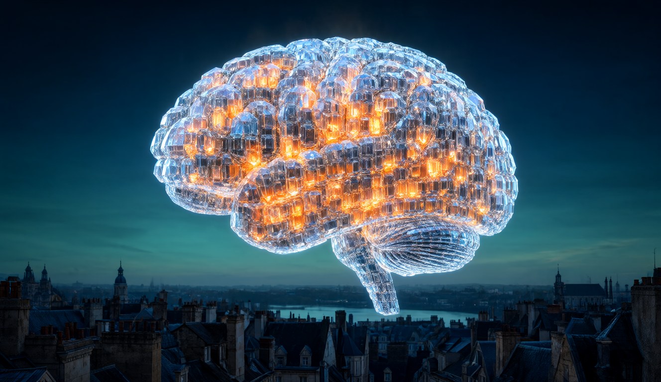 Mistral Large 4: a giant glowing crystal brain floating above a European city at dusk