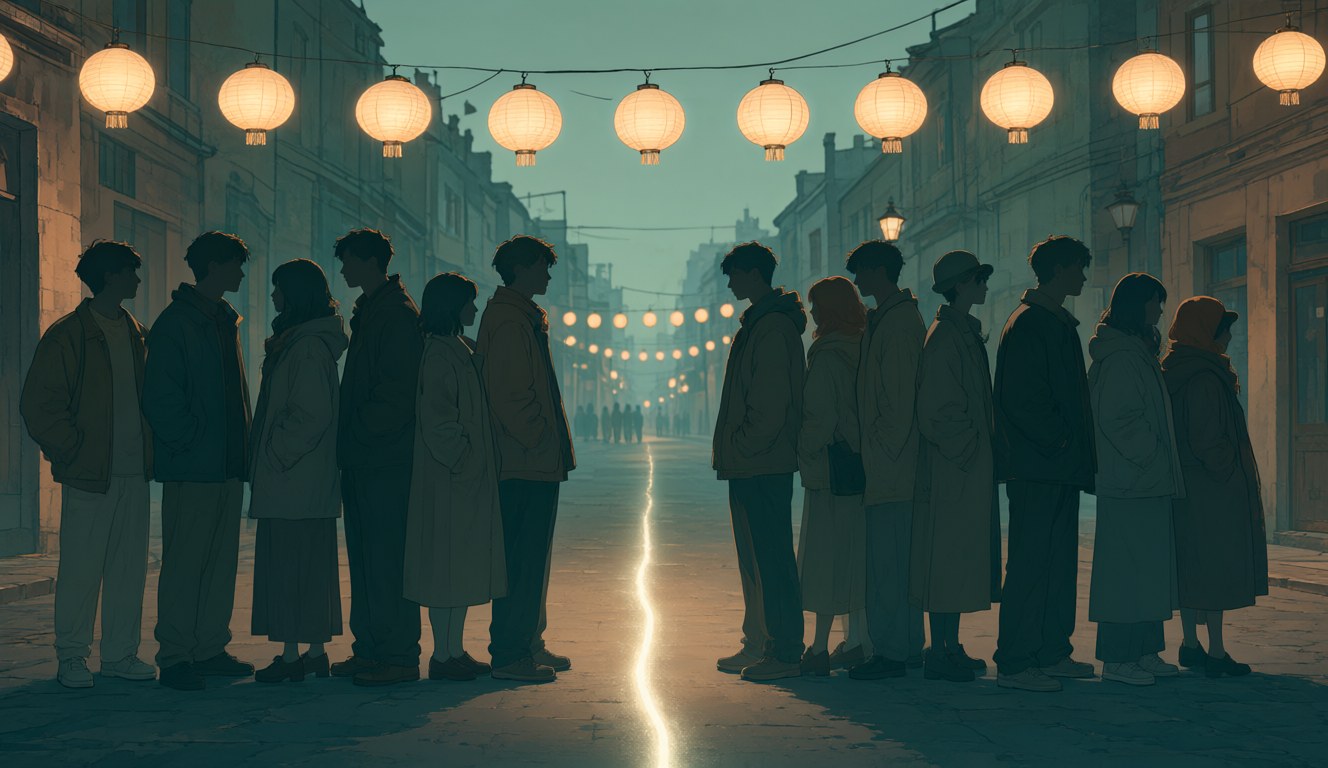 Same street, same lanterns, but an invisible line between two groups